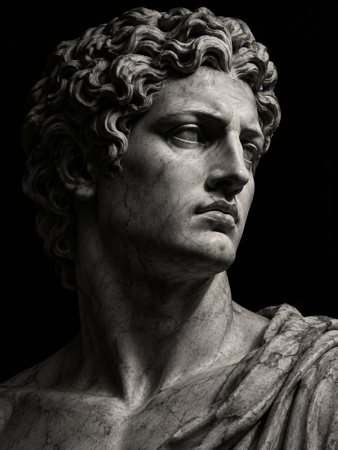 Dramatically lit classical marble sculpture celebrating the detail and contrast of realism
